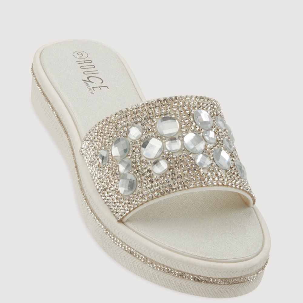 White Embellished Slide Sandals with Crystal Detailing